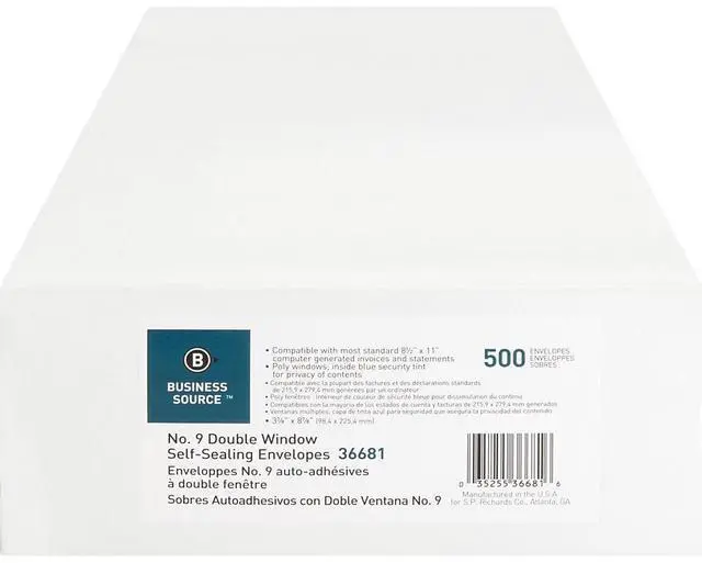 Alt view image 2 of 20 - Business Source Double Window Envelopes No. 9 3-7/8"x8-7/8" 500/BX White 36681