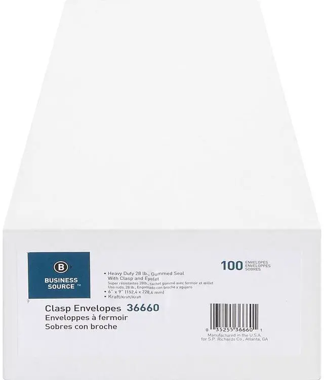 Alt view image 7 of 17 - Business Source Clasp Envelopes 28 lb. 6"x9" 100/BX Brown Kraft 36660