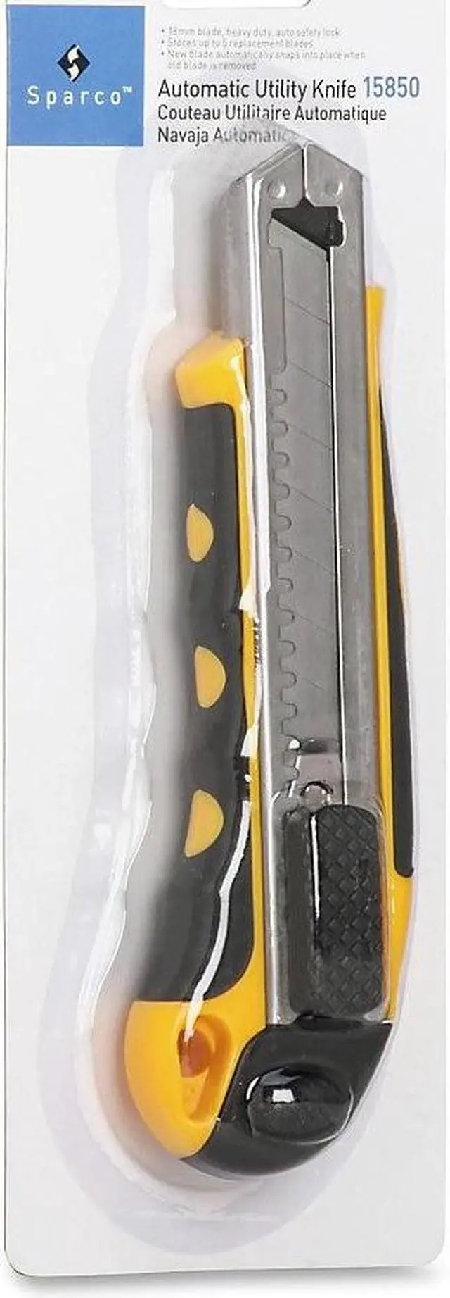 Alt view image 3 of 7 - Sparco Automatic Utility Knife w/4 Blades Yellow/Black 15850