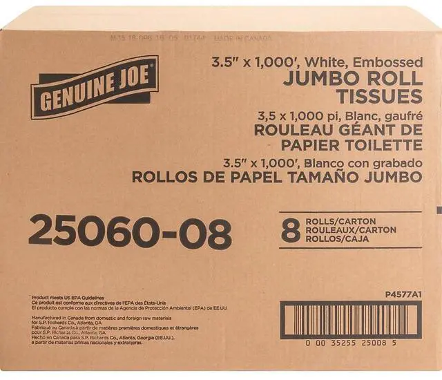 Alt view image 2 of 7 - Genuine Joe Bath Tissue Roll 2-Ply 3-7/8"x9"x3-1/2" 1000' 8/CT White 2506008