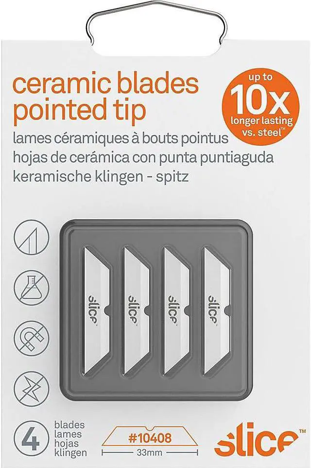 Alt view image 3 of 5 - Slice Pointed Tip Ceramic Cutter Blades - 1.30" Length - Pointed Tip, Rust Resistant, Dual-sided, Non-magnetic, Non-conductive, Reversible, Non-sparking - Zirconium Oxide - 4 / Pack - White
