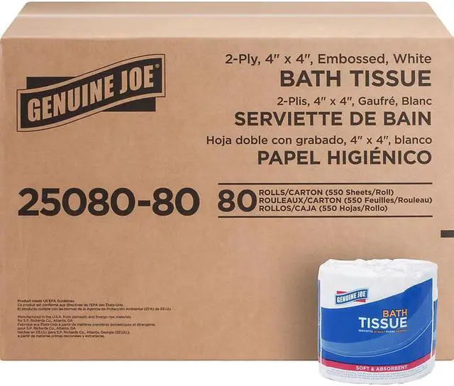 Alt view image 8 of 15 - Genuine Joe Bath Tissue Rolls 2-Ply 550 Sht 4"x3.15" 80/CT WE 2508080