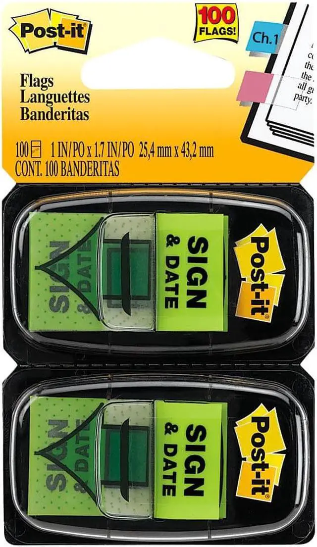 Alt view image 3 of 17 - Post-it Arrow Message 1" Page Flags "Sign and Date" Green 2 50-Flag Dispensers