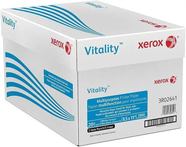 Alt view image 4 of 4 - Xerox 3R02641 Vitality Multipurpose Printer Paper, 8.5 x 11" 3 Hole Punch, 75 GSM, 92 Brightness, 90 Opacity, 20 lb - 1 Carton (5000 Sheets)
