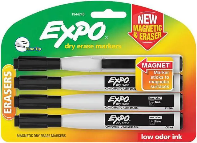 Main image of EXPO® Magnetic Dry Erase Markers With Eraser, Fine Tip, Black Ink, Pack Of 4