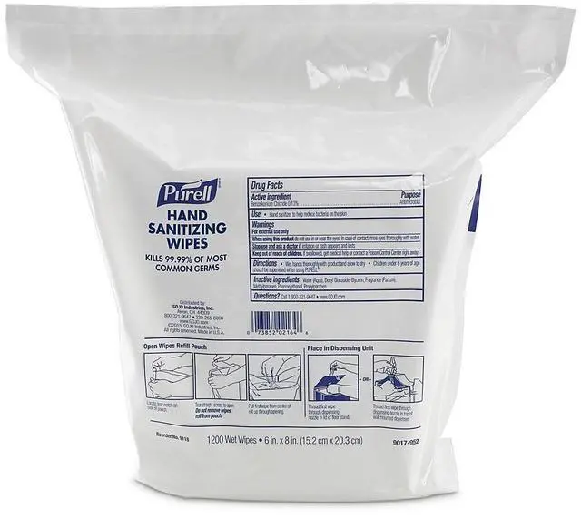 Alt view image 4 of 10 - Gojo 911802 Sanitizing Wipes, 6 x 8, White, 1200/Refill Pouch, 2/Carton