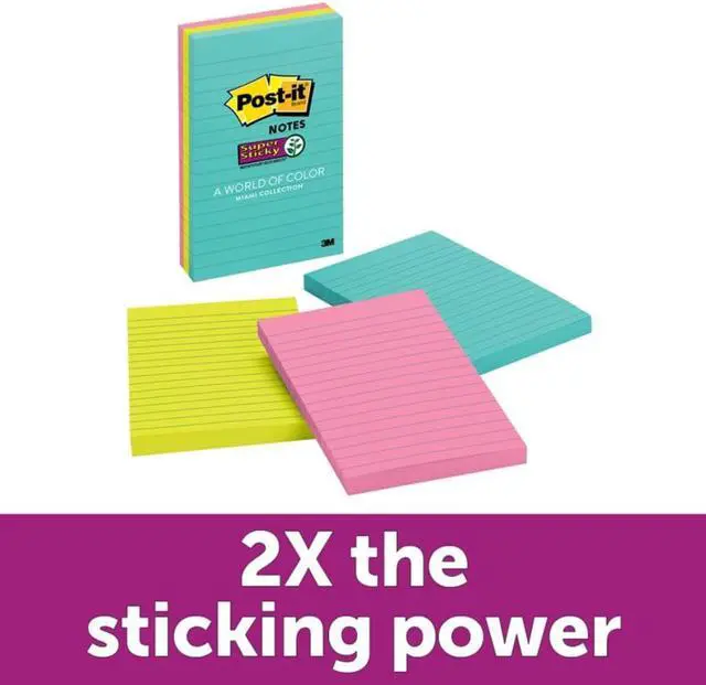 Alt view image 5 of 20 - Post-it Super Sticky Pads in Miami Colors 4 x 6 Miami 90/Pad 3 Pads/Pack 6603SSMIA