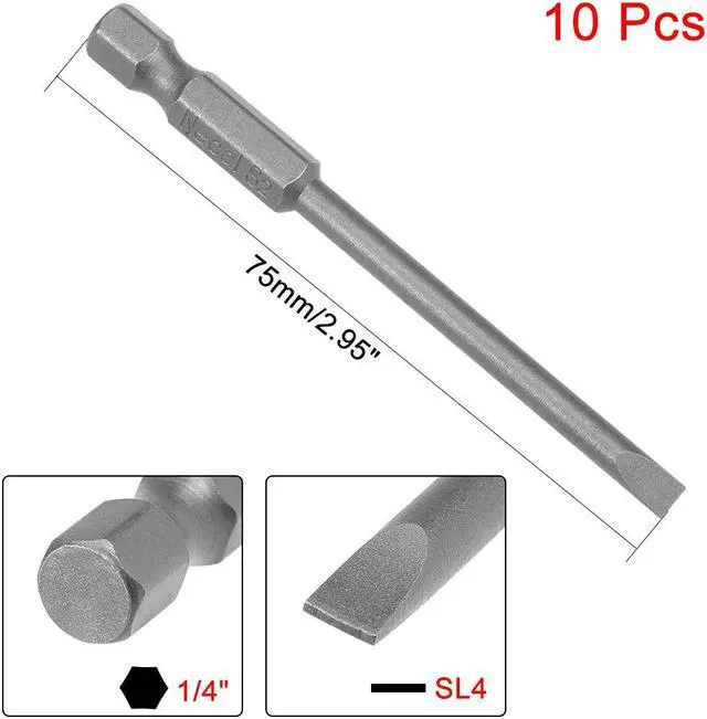 Alt view image 2 of 4 - 10Pcs 1/4" Hex Shank 75mm Length Magnetic SL4 Slot Head Screwdriver Bits S2 Alloy Steel