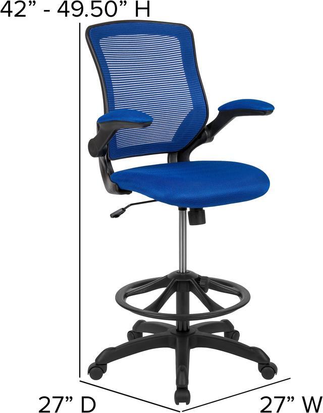 Alt view image 4 of 20 - Mid-Back Blue Mesh Ergonomic Drafting Chair with Adjustable Foot Ring and Flip-Up Arms