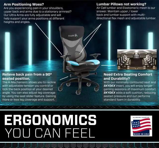 Alt view image 5 of 7 - BodyBilt® G7 Ergonomic Mesh Back Gaming Chair, Adjustable Back, Seat Depth / Height, Air Cell Lumbar, Multidirectional Arms. Proudly Made in the USA