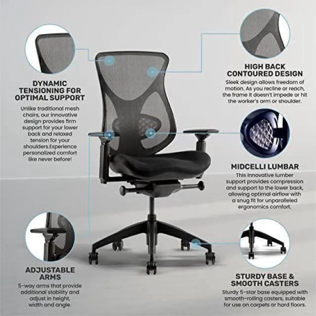 Alt view image 2 of 7 - Midcelli by BodyBilt® Ergonomic Mesh Mid-Back Chair|Home or Office Seating|Elastomeric Mesh|Adjustable: Arms, Lumbar, Seat Depth, Height, Tilt, Tilt Tension, Made in the USA.