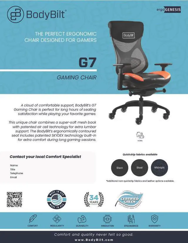 Alt view image 6 of 7 - BodyBilt® G7 Ergonomic Mesh Back Gaming Chair, Adjustable Back, Seat Depth / Height, Air Cell Lumbar, Multidirectional Arms. Proudly Made in the USA