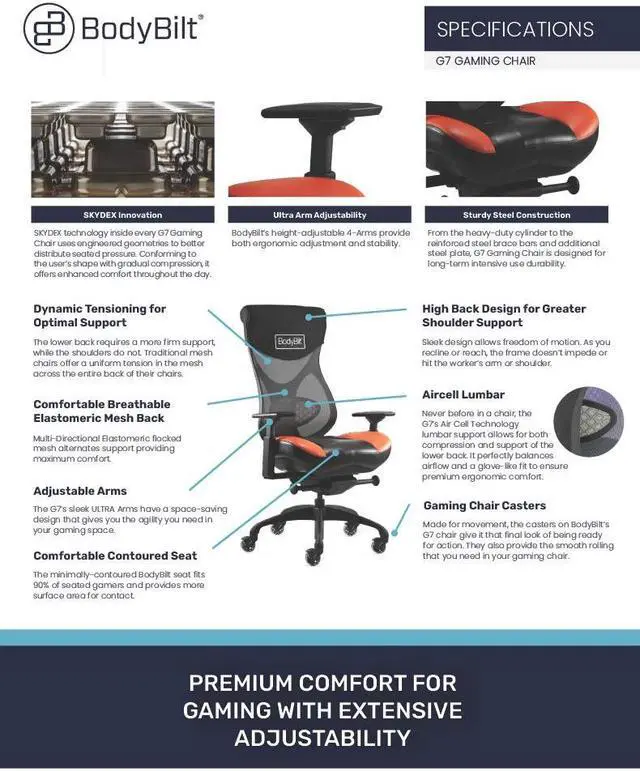 Alt view image 7 of 7 - BodyBilt® G7 Ergonomic Mesh Back Gaming Chair, Adjustable Back, Seat Depth / Height, Air Cell Lumbar, Multidirectional Arms. Proudly Made in the USA