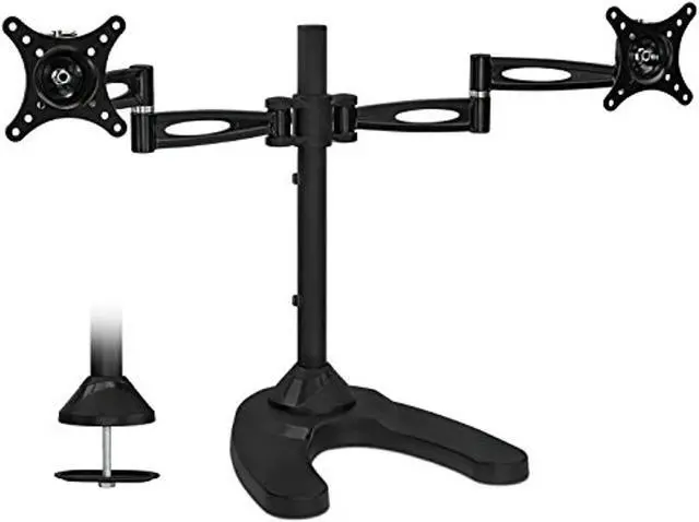Alt view image 2 of 8 - mountit! free standing dual monitor stand | double arm desk mount fits two x 21 24 27 inch computer screens | 2 heavy duty full motion adjustable arms | vesa 75 100 compatible | grommet base included