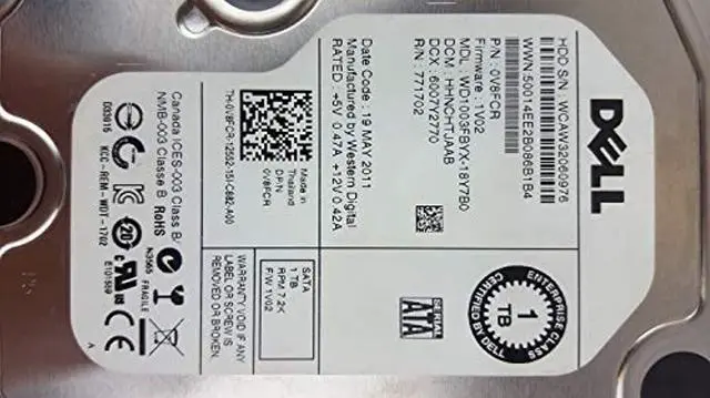 Alt view image 2 of 3 - Dell Wd 1TB 7.2K RPM 3gbp/s SATA 3.5 INcH Hard Drive V8FcR WD1003FBYX