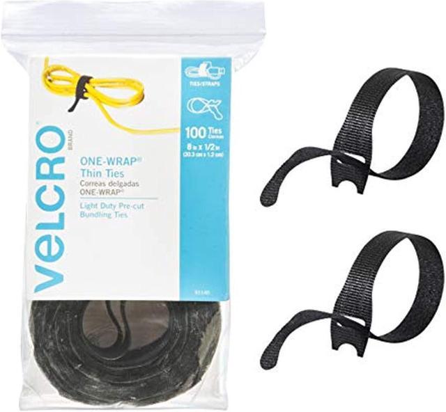velcro brand one-wrap cable ties, 100pk, 8 x 1/2 black cord organization  straps, thin pre-cut design