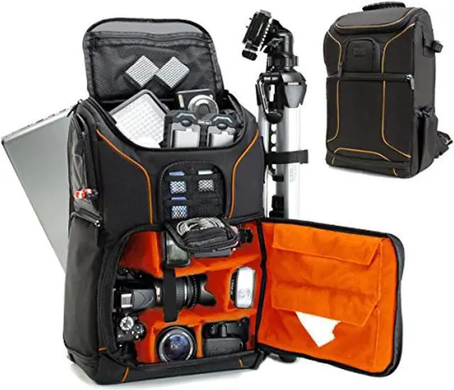 Alt view image 9 of 10 - Digital SLR Camera Backpack (Orange) with 15.6" Laptop Compartment by USA Gear features Padded Custom Dividers , Tripod Holder , Rain Cover and Storage for DSLR Cameras by Nikon , Canon , Sony