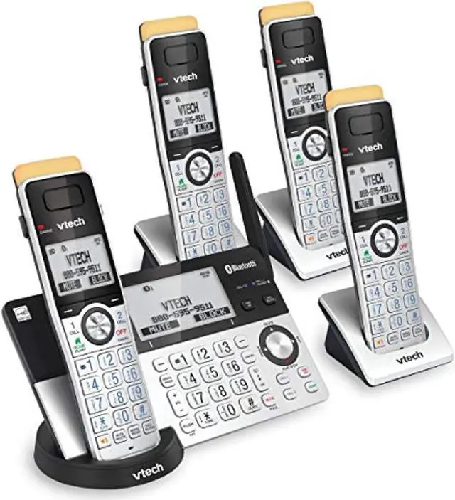 Main image of vtech is8151-4 super long range 4 handset cordless phone for home with answering machine, 2300 ft range, call blocking, bluetooth, headset jack, power backup, expandable to 12 hs, silver/black