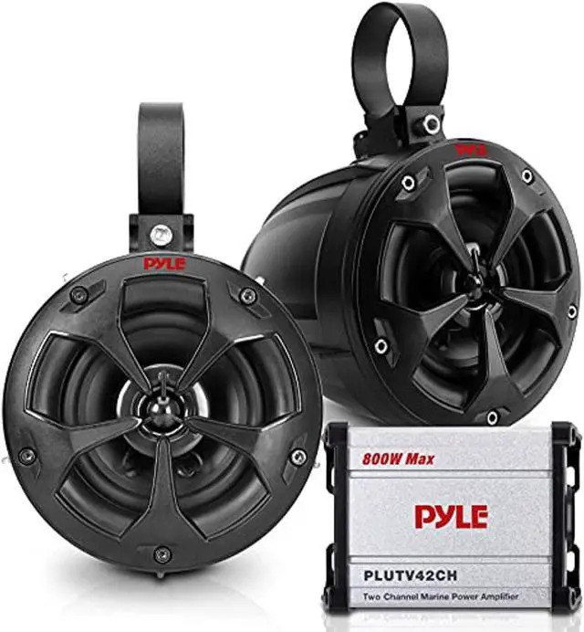 Main image of waterproof off-road speakers w/ ?amplifier - 4" 800w 2-channel marine grade waketower speakers system full range outdoor audio stereo speaker for atv, utv, quad, jeep, boat - pyle plutv42ch.5