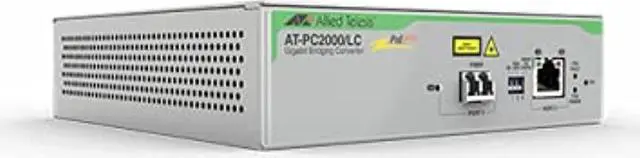 Main image of allied telesis poe+ to fiber switching media converter - network (rj-45) - 1x poe+ (rj-45) ports - 1 x lc ports - multi-mode - gigabit ethernet - 10/100/1000base-t, 1000base-sx - standalone, wall moun