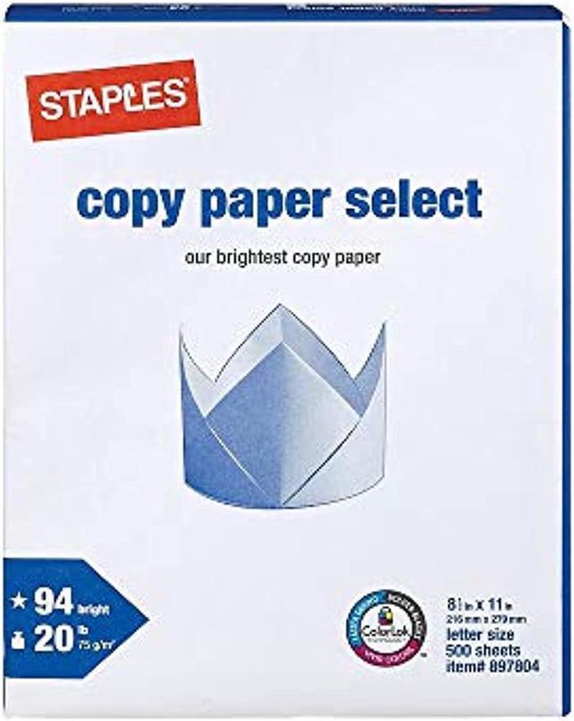 Staples Select 8.5 x 11 Copy Paper, 20 lbs., 94 Brightness, 500