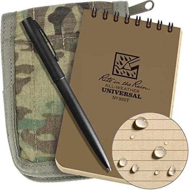 Main image of rite in the rain weatherproof 3" x 5" top-spiral notebook kit: multicam cordura fabric cover, 3" x 5" tan notebook, and weatherproof pen (no. 935m-kit)
