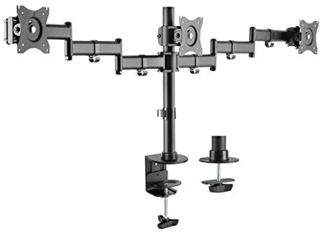 Alt view image 3 of 3 - rocelco premium triple monitor desk mount - vesa pattern fits 13" - 27" led lcd flat computer screen - three articulated full motion adjustable arms - grommet and c clamp - black (r dm3)