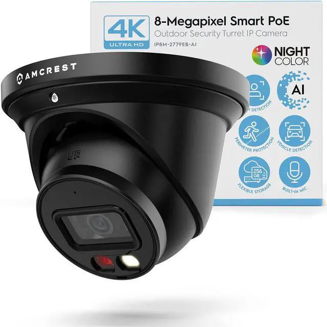 Alt view image 8 of 8 - Amcrest 4K Night Color AI Turret IP PoE Camera 49ft Full Color Nightvision, Security IP Camera, Built-in Microphone, Human Detection, Perimeter Protection, 129° FOV, 4K@15fps IP8M-2779EB-AI (Black)