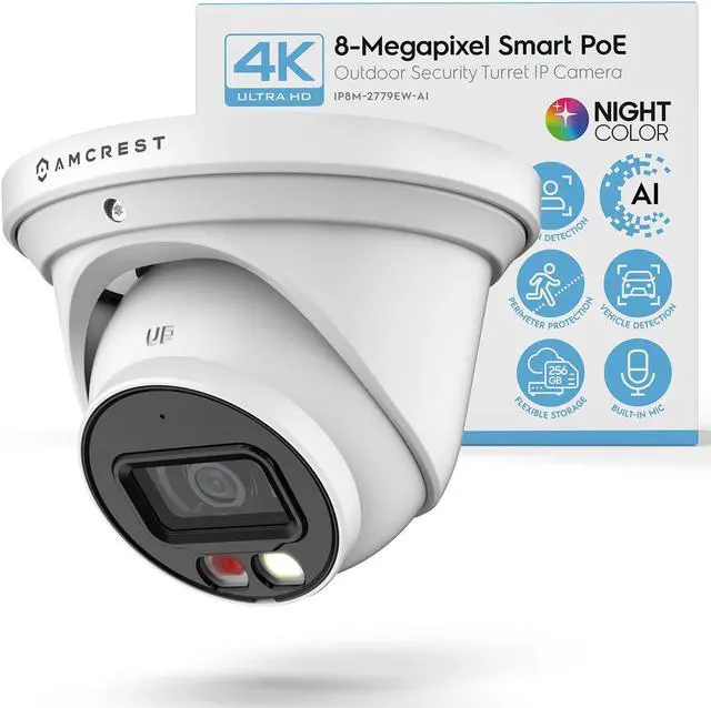 Alt view image 8 of 8 - Amcrest 4K Night Color AI Turret IP PoE Camera 49ft Full Color Nightvision, Security IP Camera, Built-in Microphone, Human Detection, Perimeter Protection, 129° FOV, 4K@15fps IP8M-2779EW-AI (White)