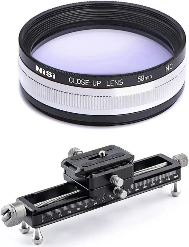 Main image of nisi close-up lens kit nc 58mm with 49 & 52mm adapters with nisi nm-180 macro focusing rail with 360 degree rotating clamp