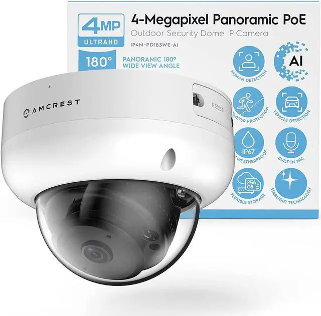 Main image of amcrest panoramic ip poe camera, 180 panoramic 4-megapixel poe ip dome camera, security outdoor camera, 50ft nightvision, ivs features and people counting, microsd recording, ip4m-pd183ew-ai white