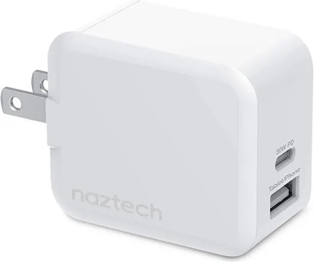 Main image of naztech 30w usb-c pd + 12w usb fast wall charger with foldable prongs [charge 2 devices at once] compatible for iphone 14/13/12/pro/pro max, samsung s23/s22/s21, pixel, notebooks & more [white] 15387