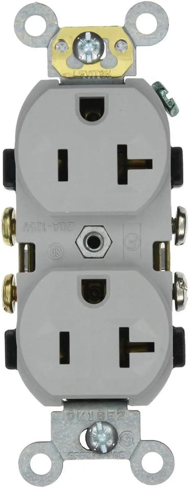 Main image of leviton cr20-gy 20-amp, 125-volt, narrow body duplex receptacle, straight blade, commercial grade, self grounding, gray