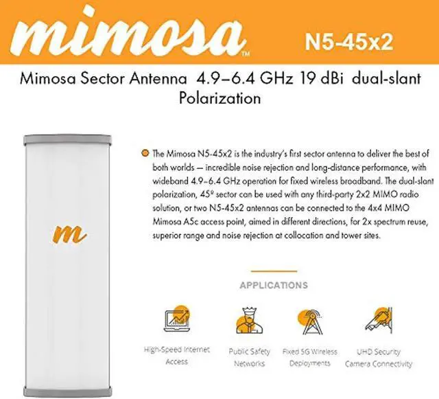 Alt view image 2 of 3 - Mimosa Networks - N5-45X2 - Mimosa 4.9 - 6.4GHz 2 N-Type Female 19dBi Dual-Slant Polarization 45 Degree Sector Antenna
