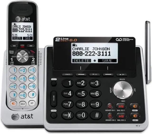 Main image of at&t tl88102 dect 6.0 2-line expandable cordless phone with answering system and dual caller id/call waiting, 1 handset, silver