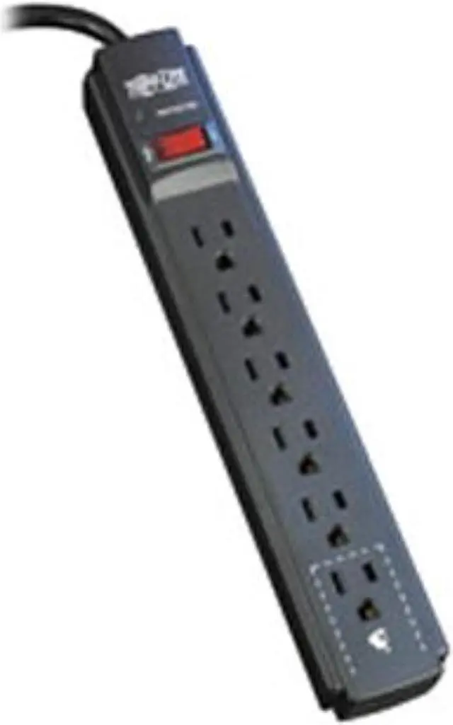 Main image of tripp-lite tlp606b protect it 6-outlet surge protector, 6' cord, 790 joules, diagnostic led, black housing
