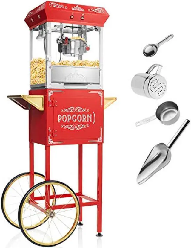 Alt view image 7 of 7 - Olde Midway Vintage Style Popcorn Machine Maker Popper with Cart and 6-Ounce Kettle - Red