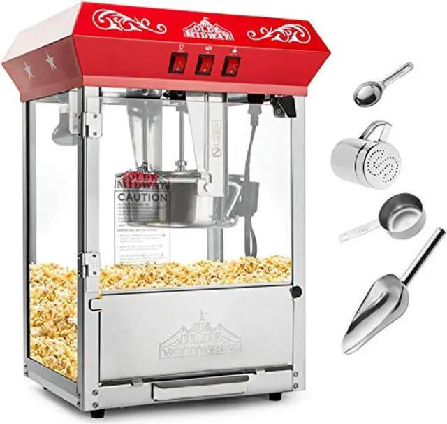 Alt view image 7 of 7 - Olde Midway Bar Style Popcorn Machine Maker Popper with 8-Ounce Kettle - Red
