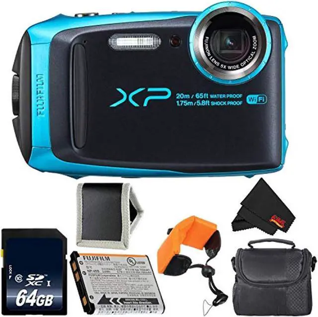 Alt view image 5 of 5 - Fujifilm FinePix XP120 Digital Camera (Sky Blue) 600019758 + 64GB SDXC Class 10 Memory Card + FUJI XP RUGGED FLOATING STRAP + Memory Card Wallet + MicroFiber Cloth + Small Soft Carrying Case Bundle