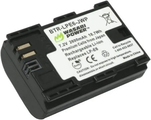 Alt view image 2 of 3 - Wasabi Power BTR-LPE6-JWP 1-Pack 2600mAh Li-Ion Battery for Canon LP-E6, LP-E6N