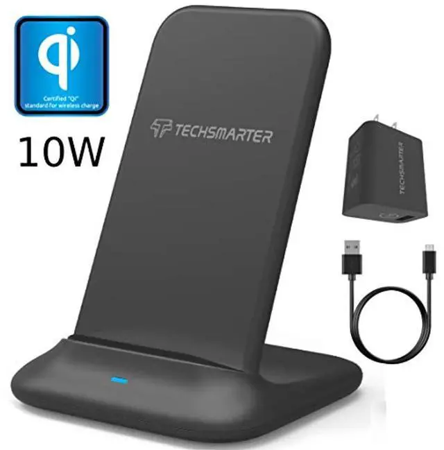 Main image of Techsmarter Fast Charging Wireless Charger Stand Dock, Qi Certified. Compatible with Apple iPhone 8,X,XR,XS,11 Samsung Galaxy S7,S8,S9,S10, Note 8,9,10, LG ThinQ V30, V35, V40, G6, G7,G8