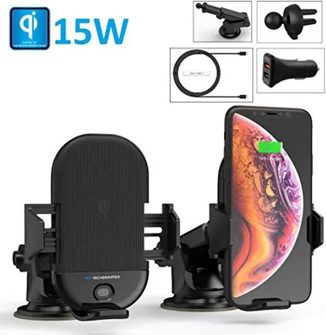 Main image of Techsmarter 15W Qi Wireless Car Charger, Fast Charging Cell Phone Mount Holder, Automatic Sensor Clamping Dashboard Air Vent. Compatible with iPhone 11, X, XS, XR, 8, Samsung S10, S9, S8, Note