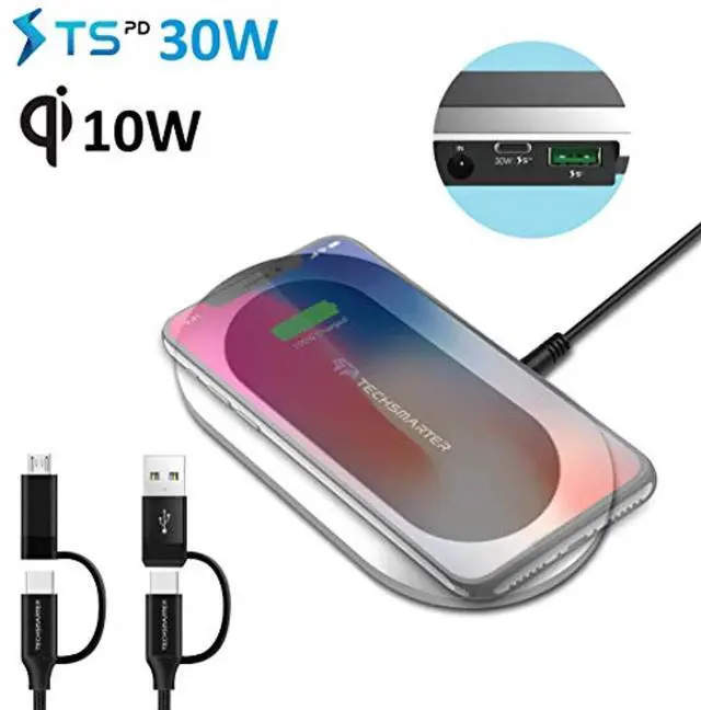 Main image of Techsmarter Qi Wireless Fast Charger Pad with 30W Power Delivery USB C Port and 18W Fast Charge USB Ports. Compatible with Samsung S7 S8 S9 S10 Note, iPhone 11 8 X XR XS, iPad, MacBook, LG G6 V30 V40