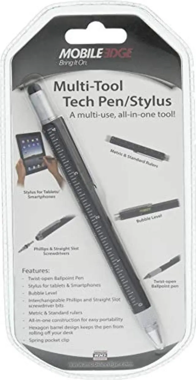 Alt view image 2 of 2 - mobile edge black multitool tablet and touch screen capacitive stylus and twist open tech pen combo, with screwdrivers, ruler and level measpm1