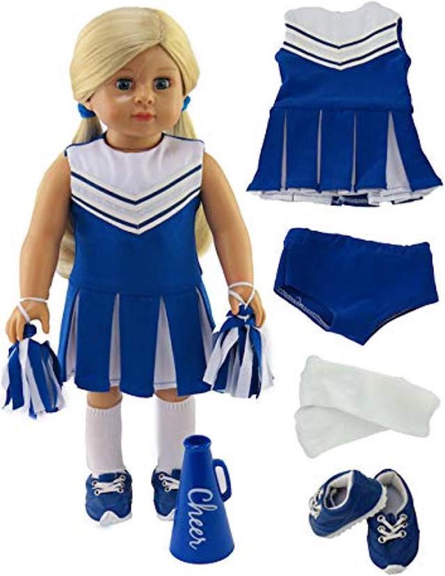 blue cheerleader outfit cheerleading uniform with dress, bloomers, poms,  megaphone, socks, and shoes fits 18 inch doll 