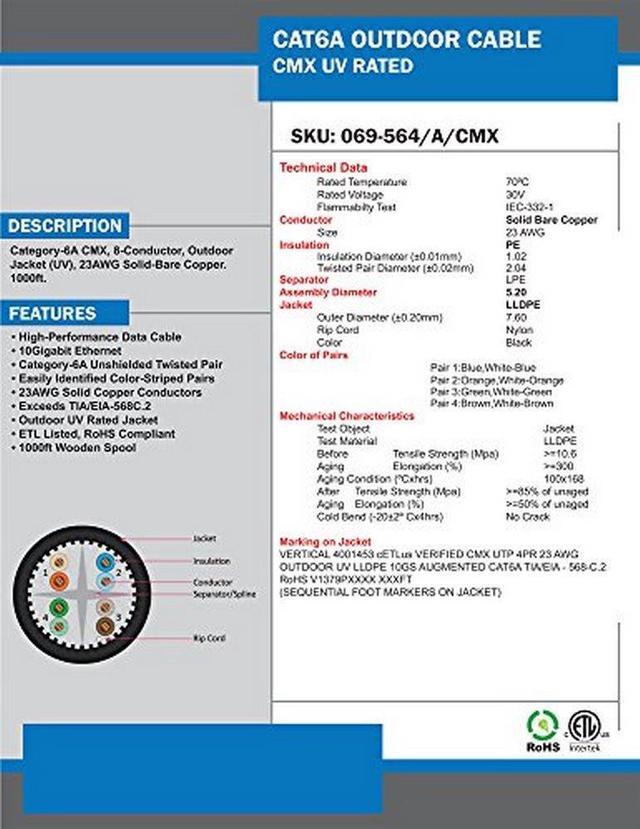 Alt view image 5 of 9 - Vertical Cable CAT6A UV Rated Outdoor Bulk Cable 1,000ft. - Black