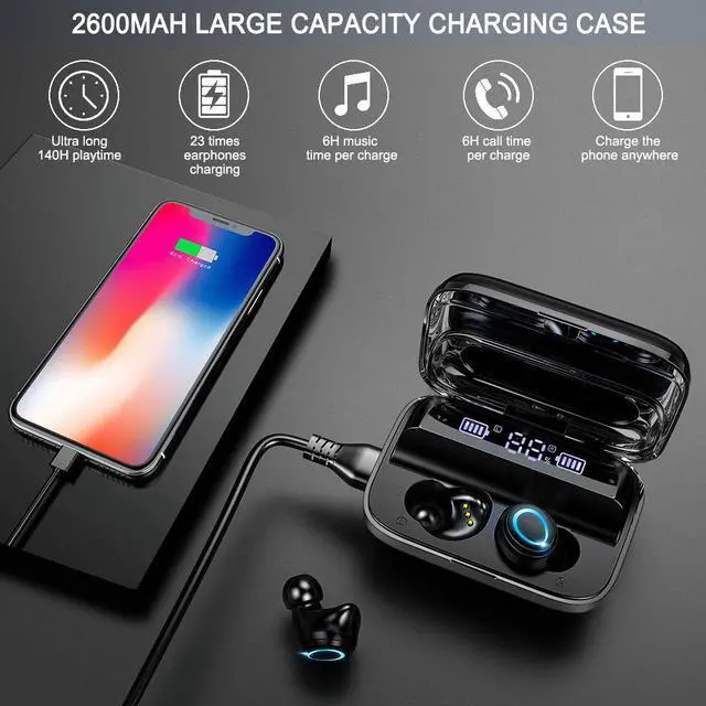 Alt view image 4 of 7 - Wireless Earbuds, Bluetooth 5.0 Earbuds with 140H Playtime, Bluetooth Headphones TWS Stereo Noise Cancelling Wireless Earphones in Ear with Mic, USB-C Charging Case, IP7 Waterproof Headset for Sports