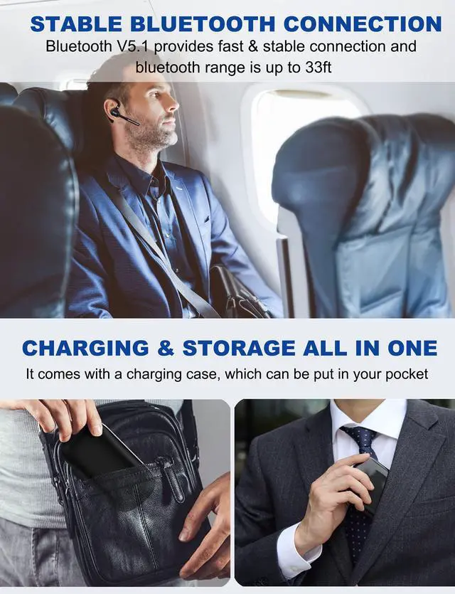 Alt view image 7 of 7 - DECHOYECHO Bluetooth Headset V5.1, Wireless Headset with Battery Display Charging Case, Bluetooth Earpiece with Noise Canceling Mic for Driving, Office, Business, Compatible with Cell Phone and PC