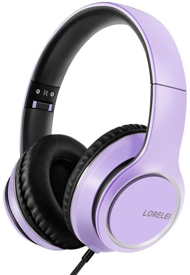 Alt view image 7 of 7 - LORELEI X8 Over-Ear Wired Headphones with Microphone with 1.45m-Tangle-Free Nylon Line&3.5mm Plug,Lightweight Foldable & Portable Headphones for Smartphone,Tablet,Computer,Mp3/4(Dark Purple)