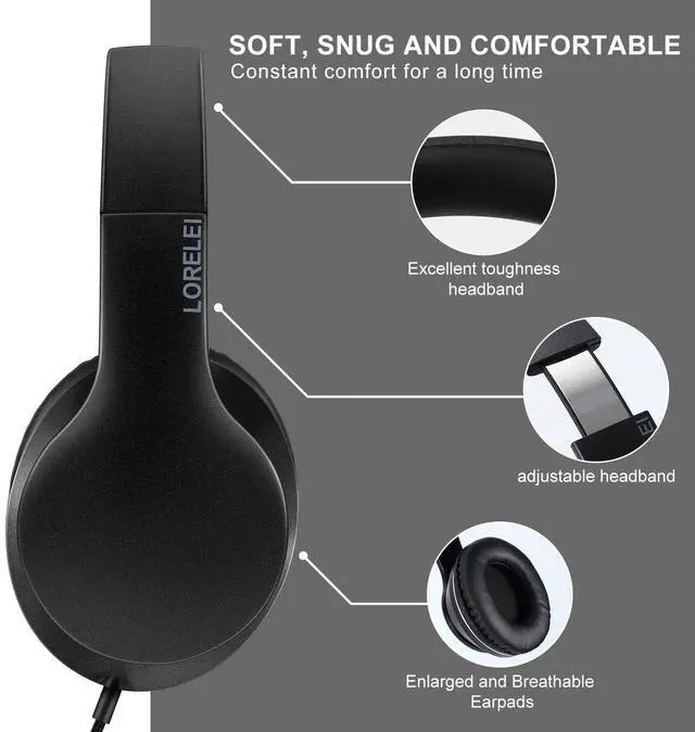 Alt view image 4 of 6 - LORELEI X6 Over-Ear Wired Stereo Bass Headphones with Microphone, Lightweight, Foldable & Portable with 1.45M No-Tangle for Smartphone, Tablet, MP3/4, Space Black